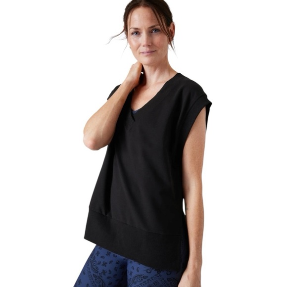 Athleta Retroterry V-Neck Sweatshirt Tee Sleeveless Black Medium - Picture 14 of 16